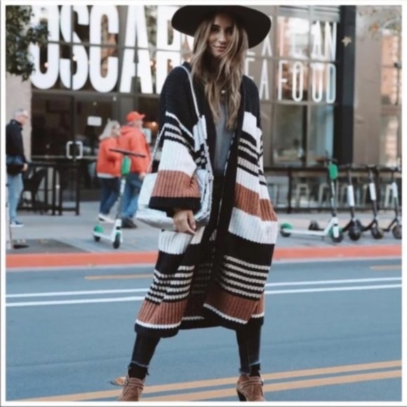 Boho Black White Stripes Knit Open Front Cardigan Casual - Picture 6 of 6